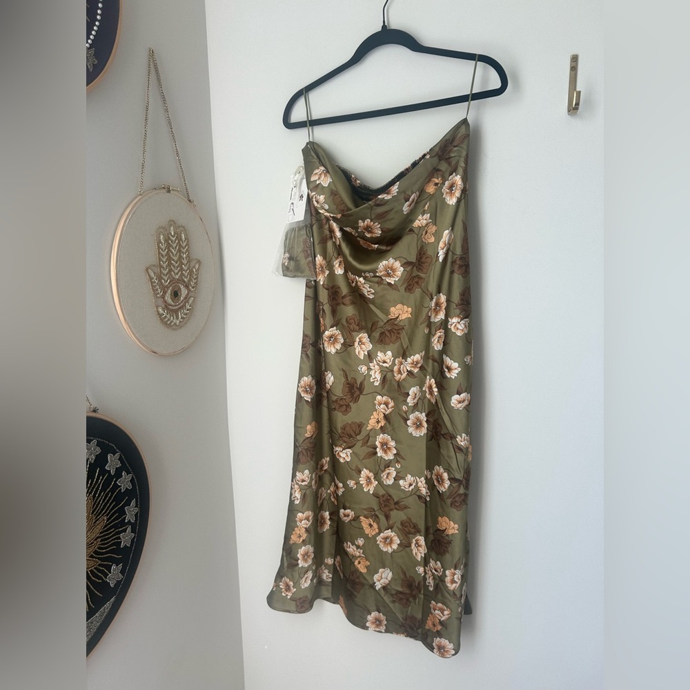 Olive green floral strapless midi slip Dress with scarf